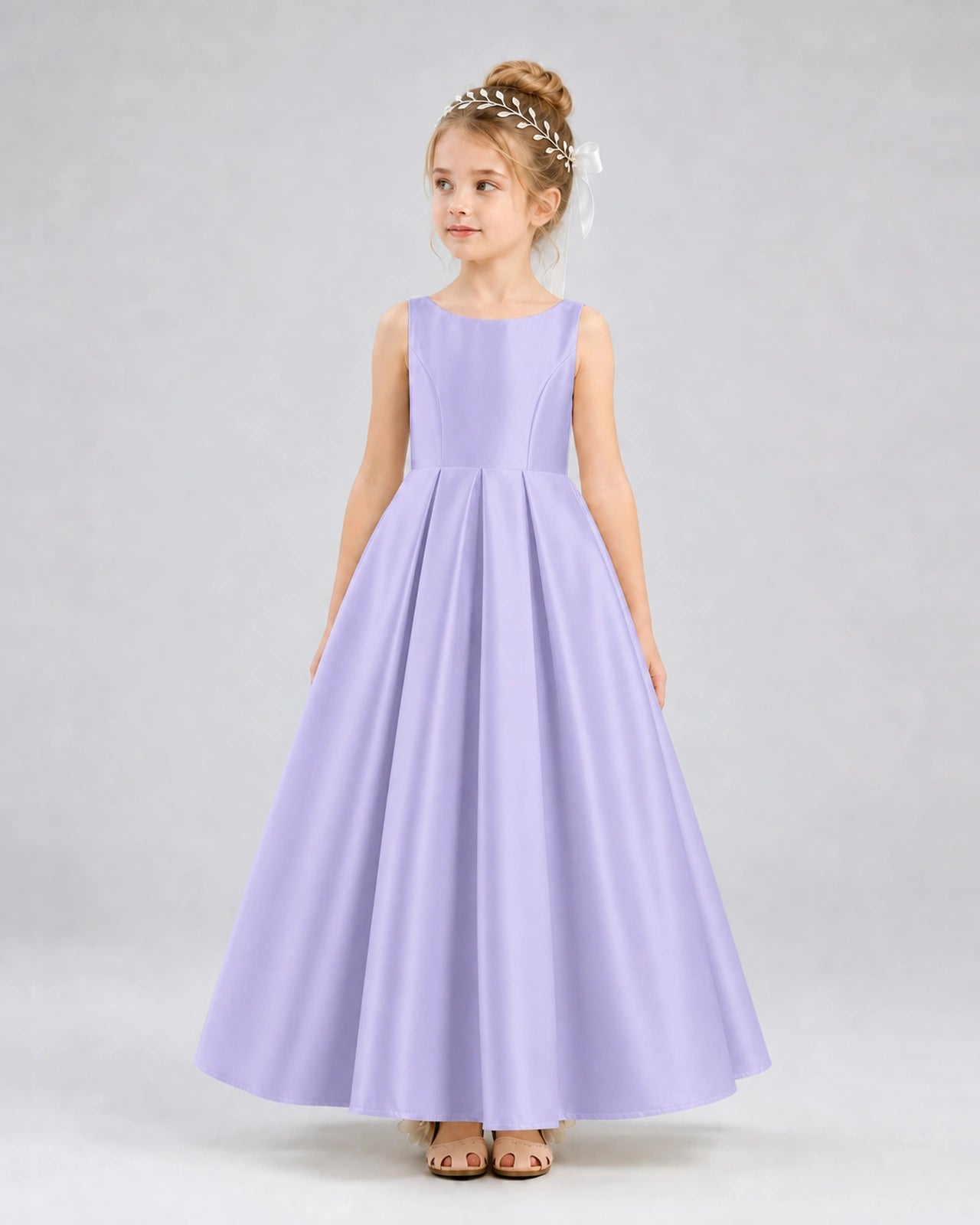 Lavender Satin A-line Flower Girl Dress Front View