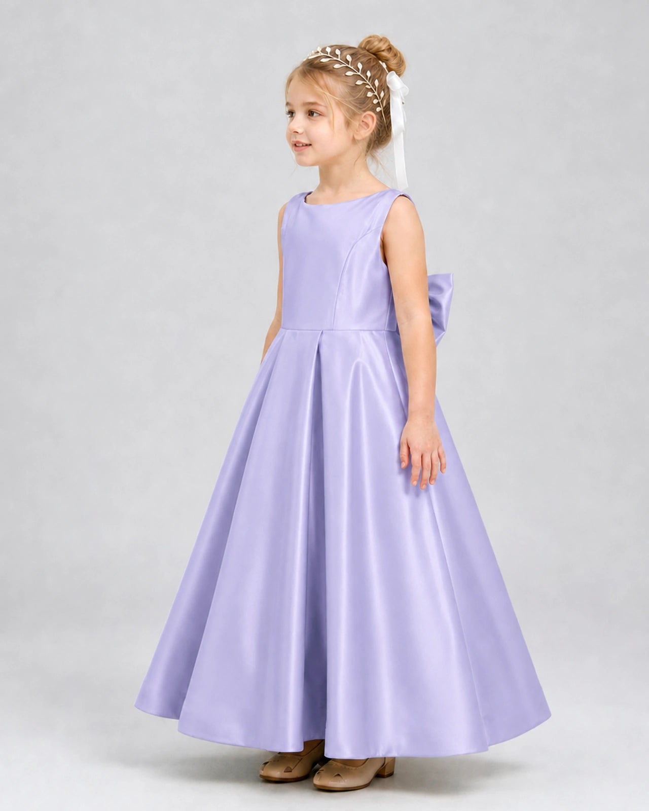 Lavender Satin A-line Flower Girl Dress Side View