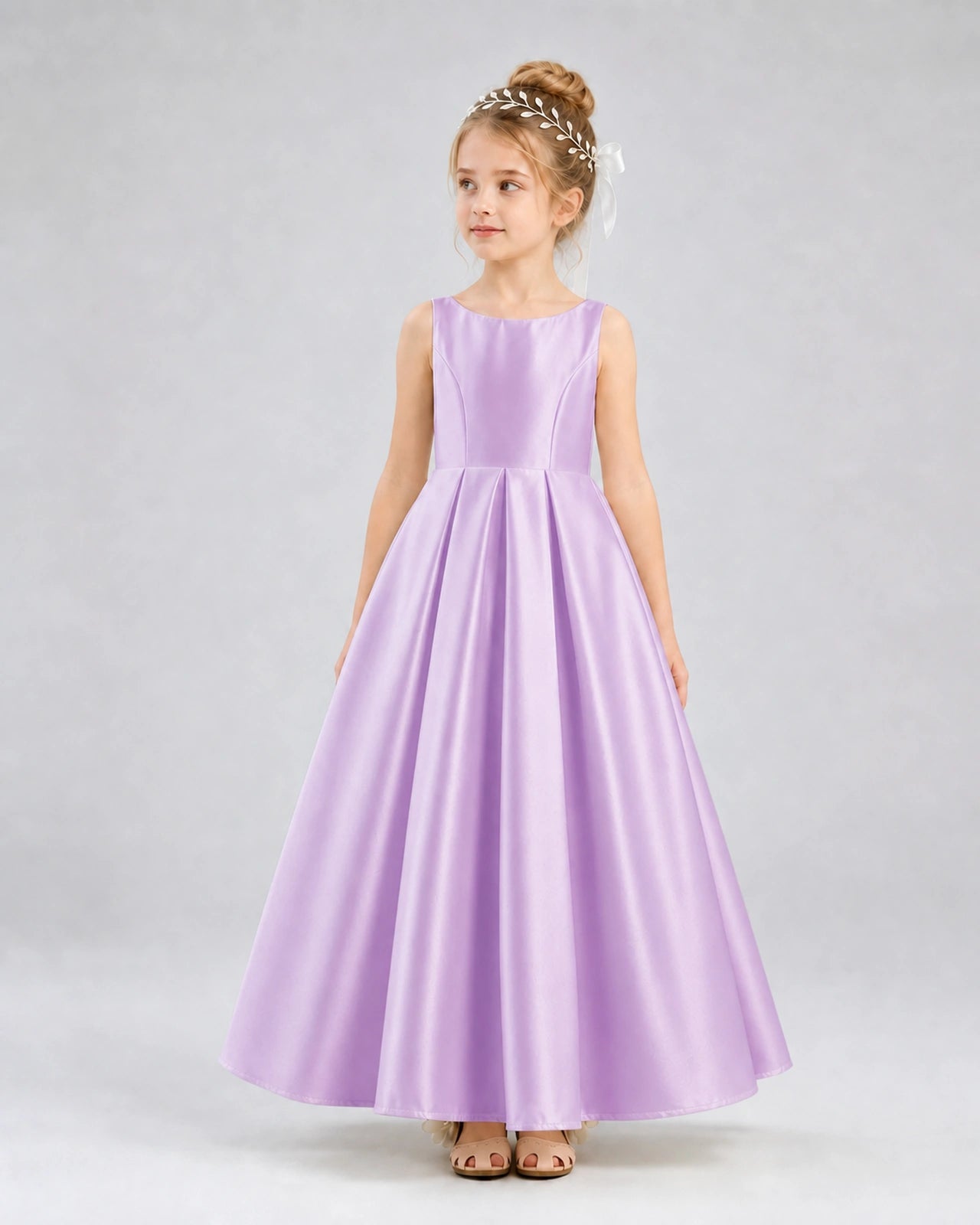 Lilac Satin A-line Flower Girl Dress Front View