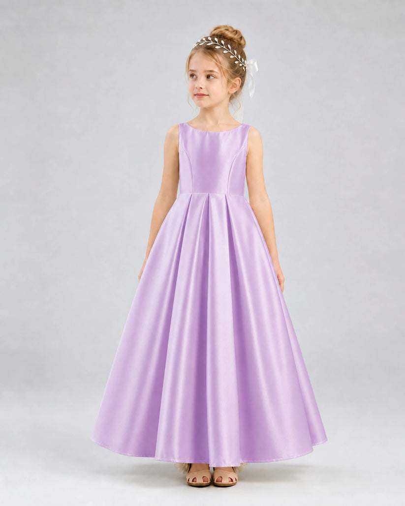 Lilac Satin A-line Flower Girl Dress Front View