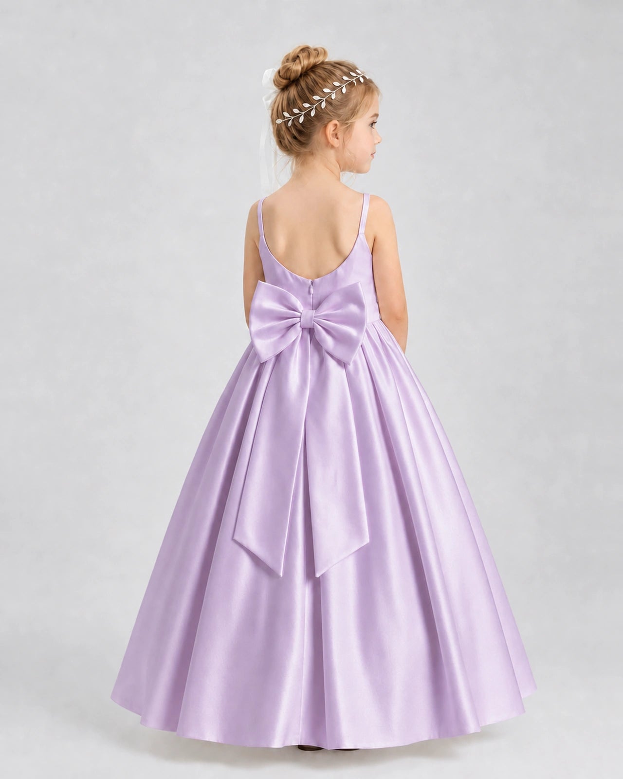 Lilac Satin A-line Flower Girl Dress Back View
