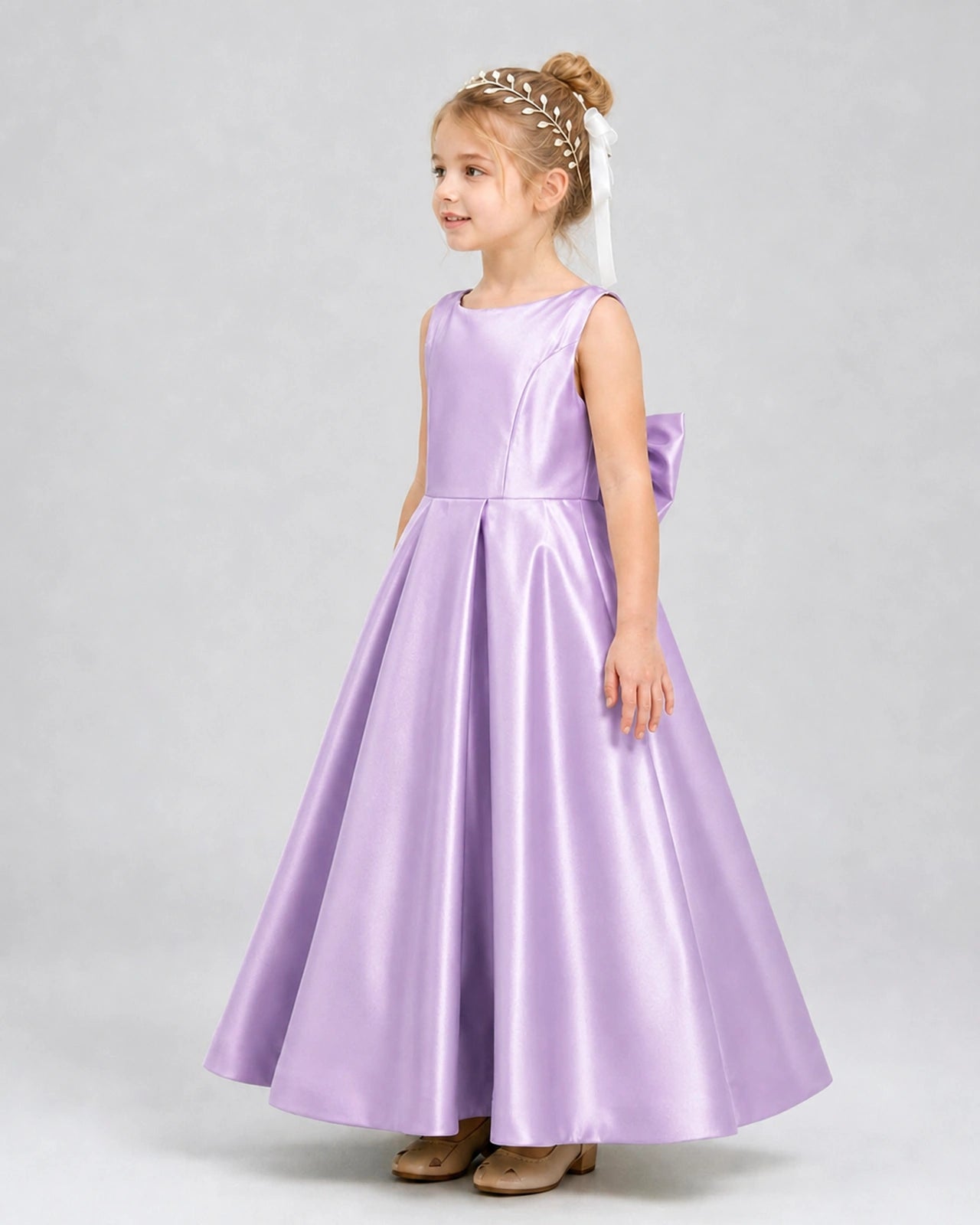 Lilac Satin A-line Flower Girl Dress Side View