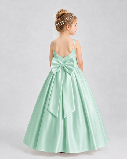 Mint Green Satin A-line Flower Girl Dress Back View