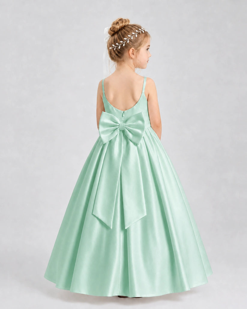 Mint Green Satin A-line Flower Girl Dress Back View