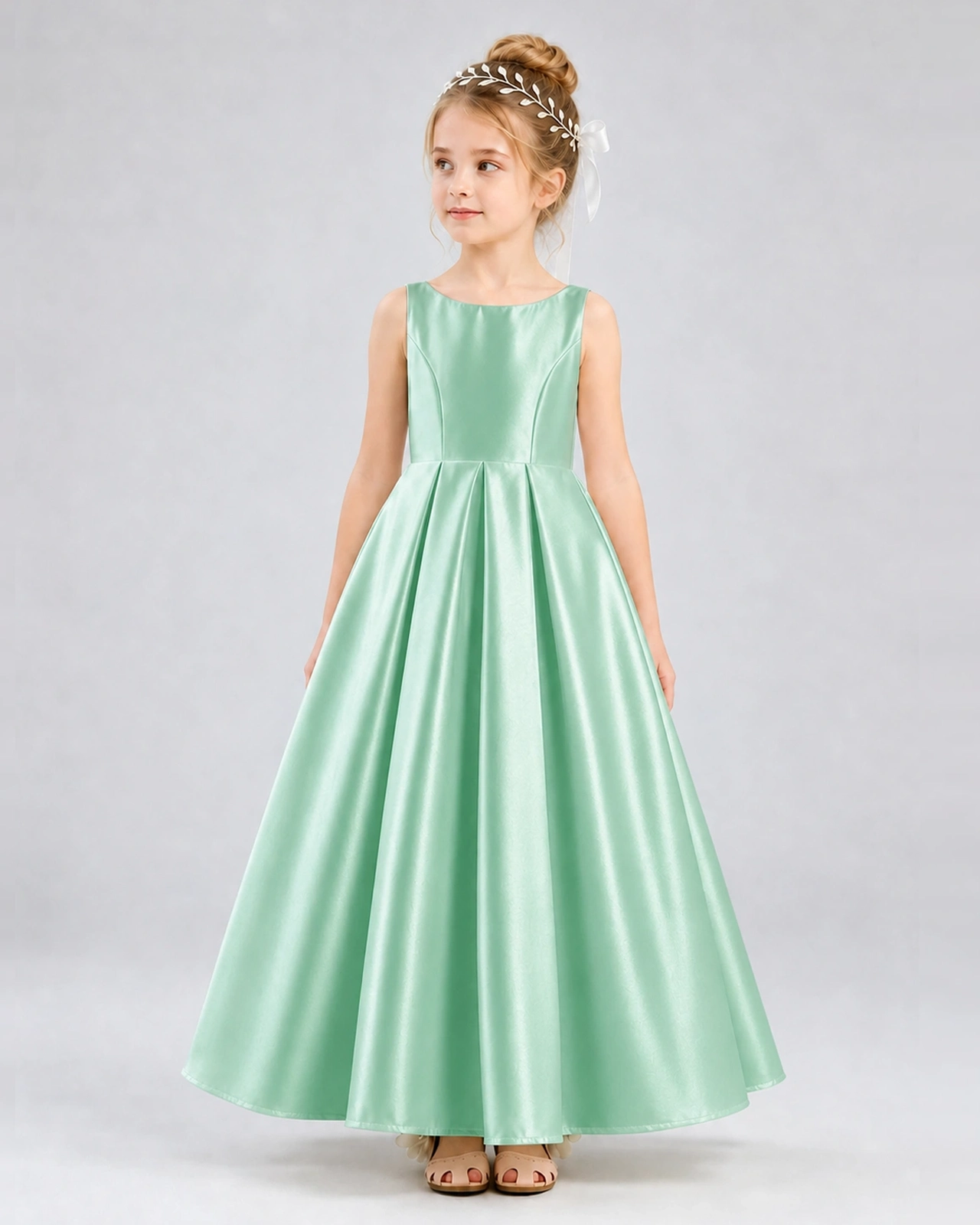 Mint Green Satin A-line Flower Girl Dress Front View