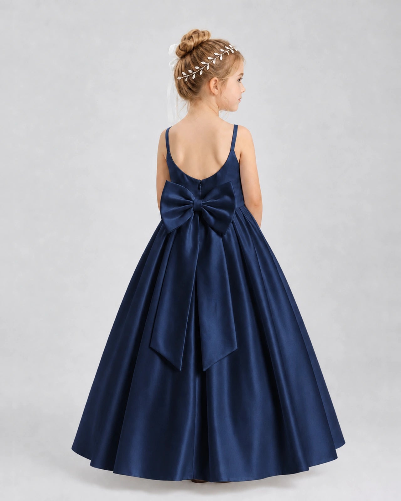 Navy Blue Satin A-line Flower Girl Dress Back View