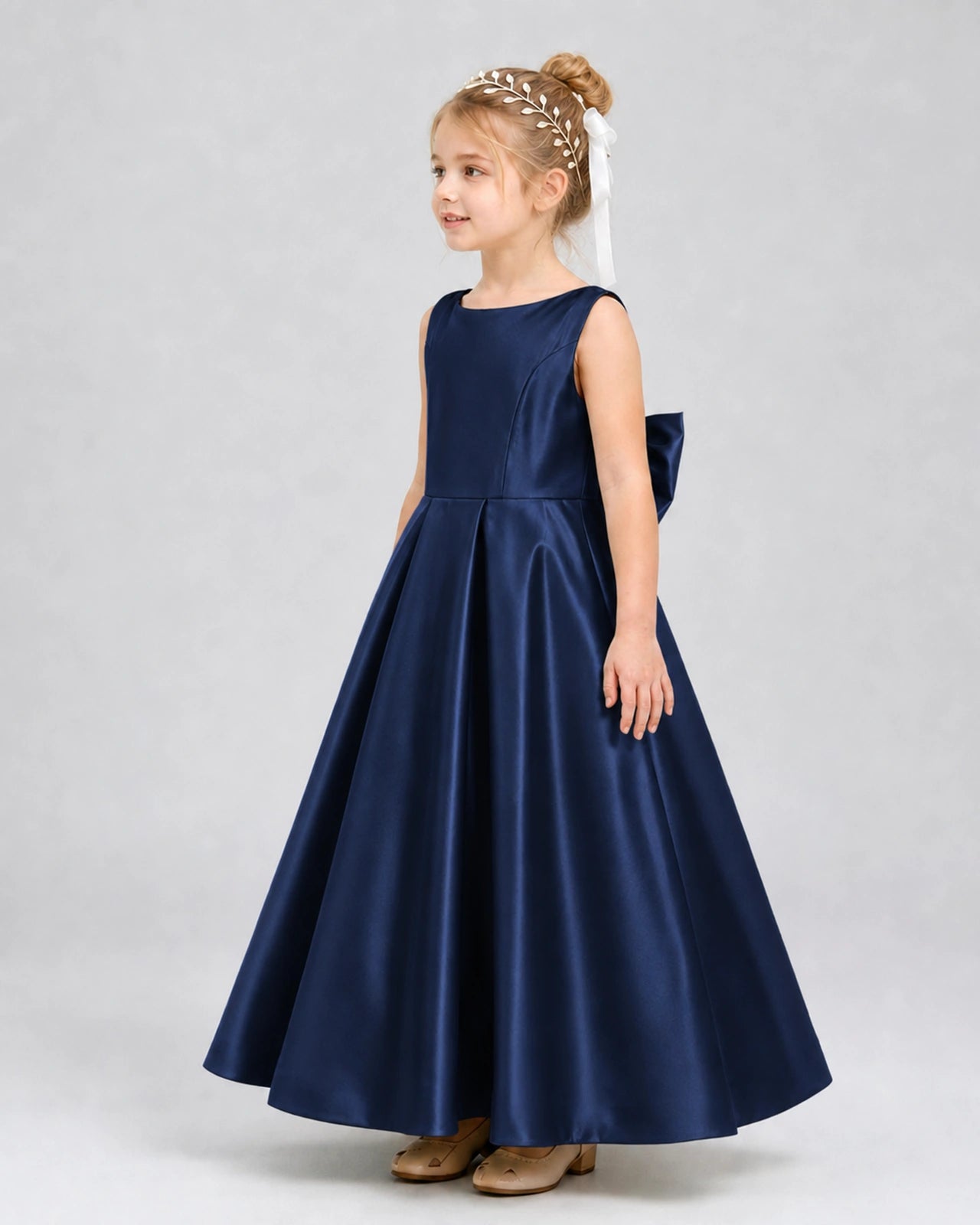 Navy Blue Satin A-line Flower Girl Dress Side View