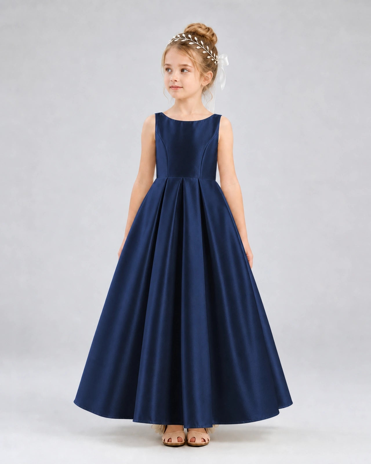 Navy Blue Satin A-line Flower Girl Dress Front View