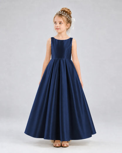 Navy Blue Satin A-line Flower Girl Dress Front View