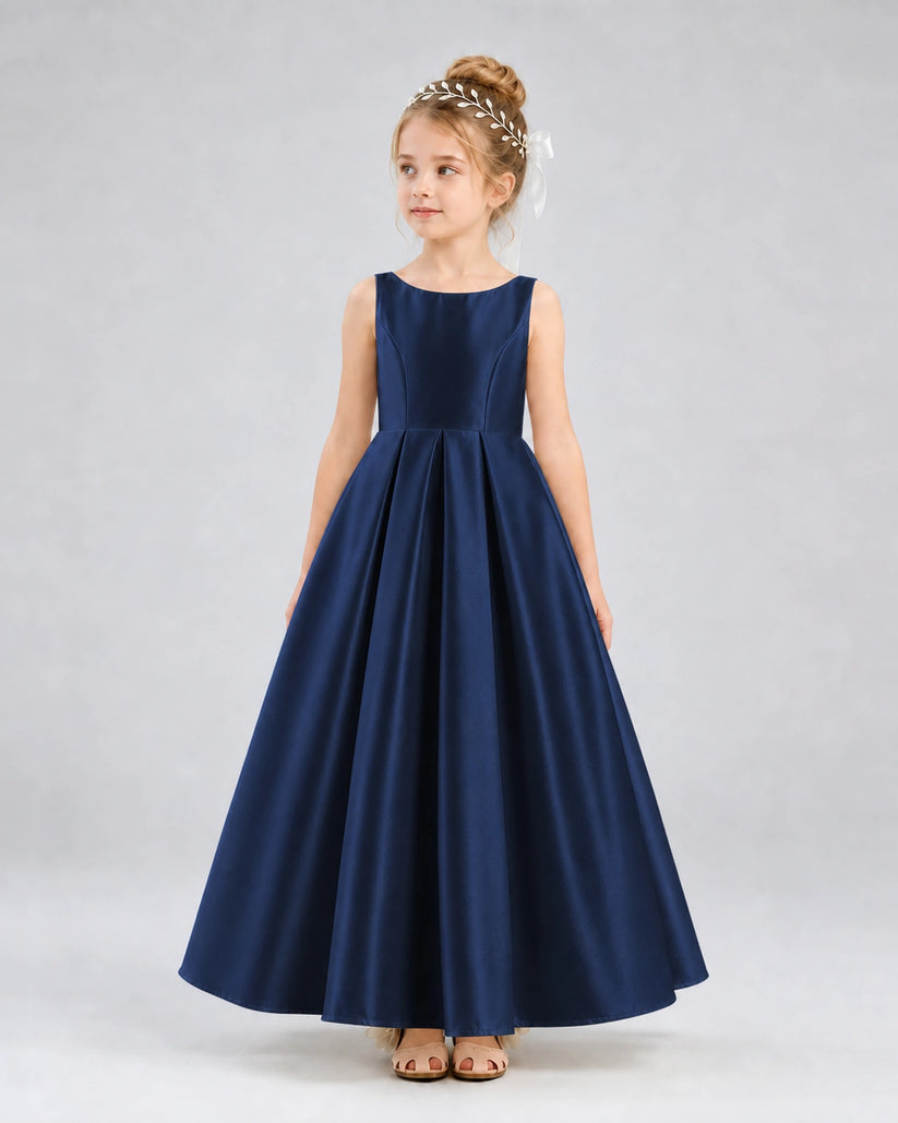 Navy Blue Satin A-line Flower Girl Dress Front View