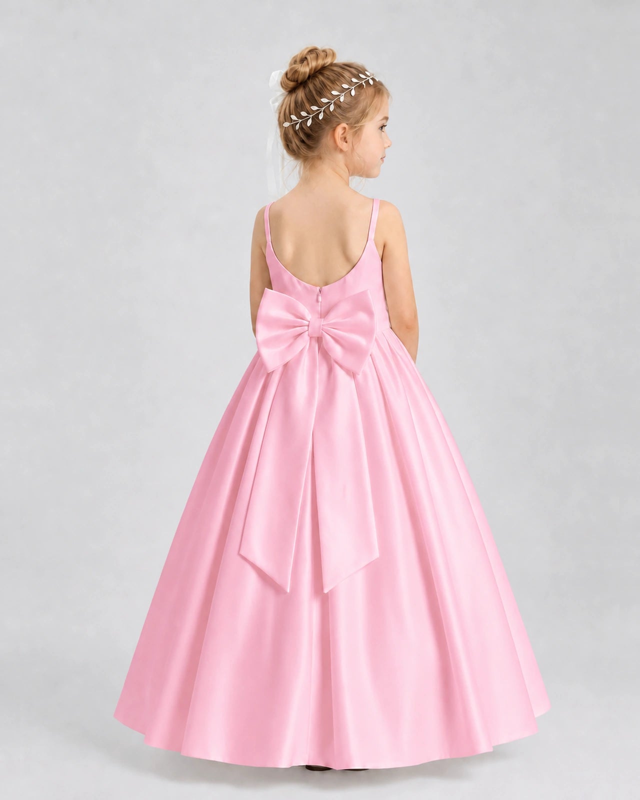 Pink Satin A-line Flower Girl Dress Back View