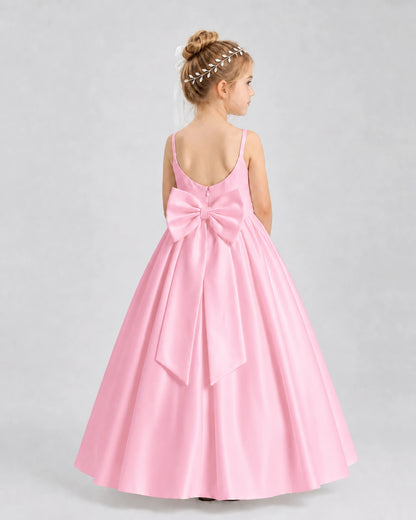 Pink Satin A-line Flower Girl Dress Back View