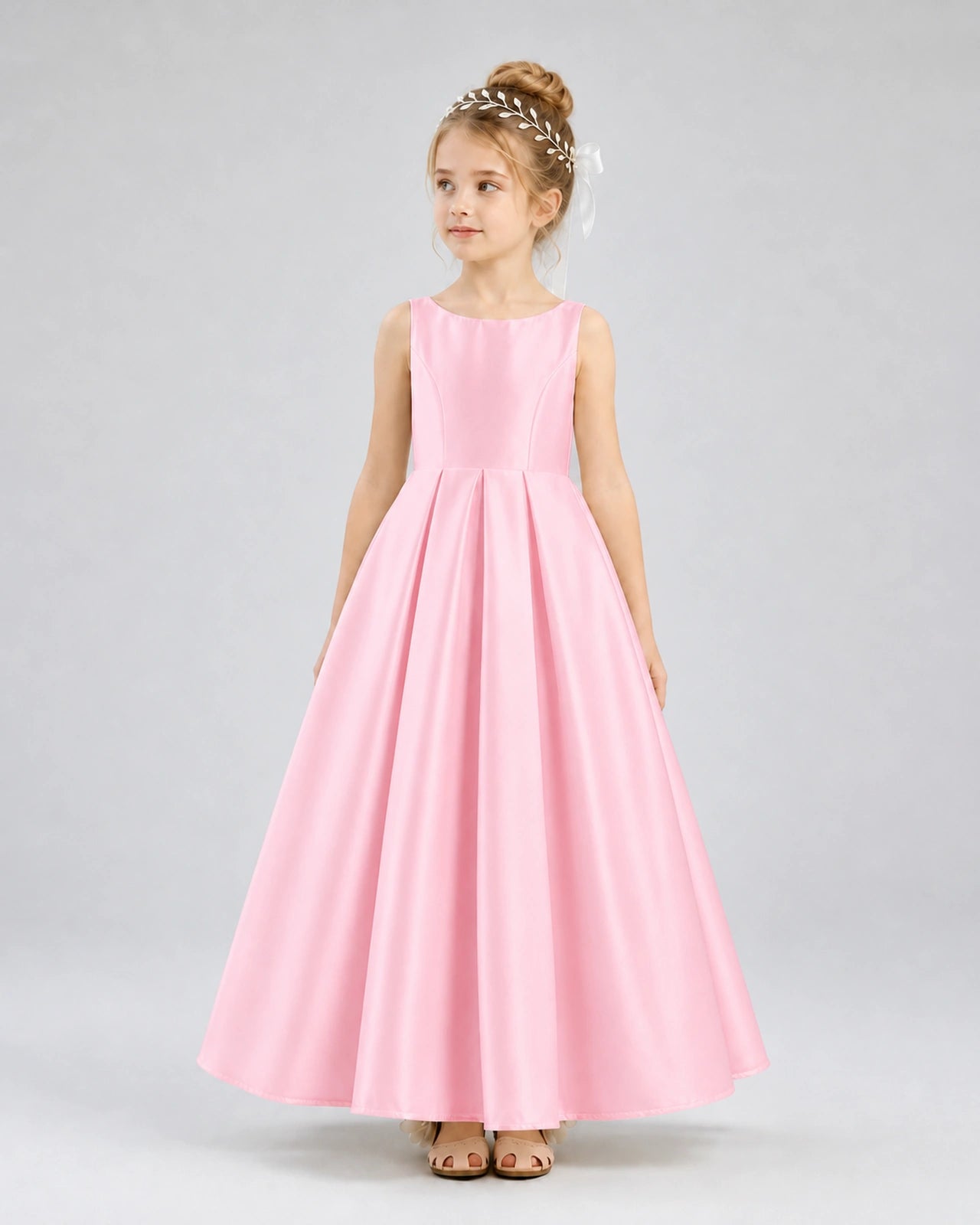 Pink Satin A-line Flower Girl Dress Front View