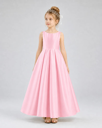 Pink Satin A-line Flower Girl Dress Front View
