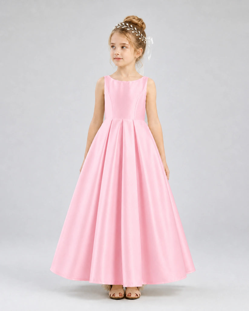 Pink Satin A-line Flower Girl Dress Front View