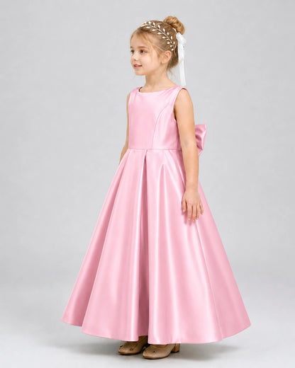 Pink Satin A-line Flower Girl Dress Side View
