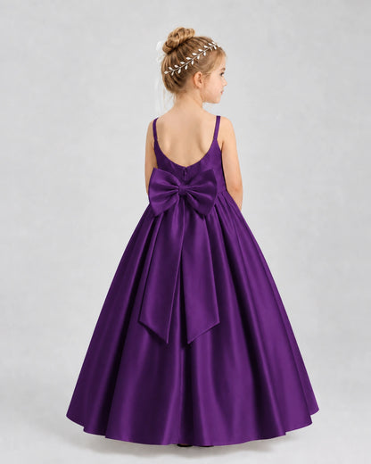 Purple Satin A-line Flower Girl Dress Back View