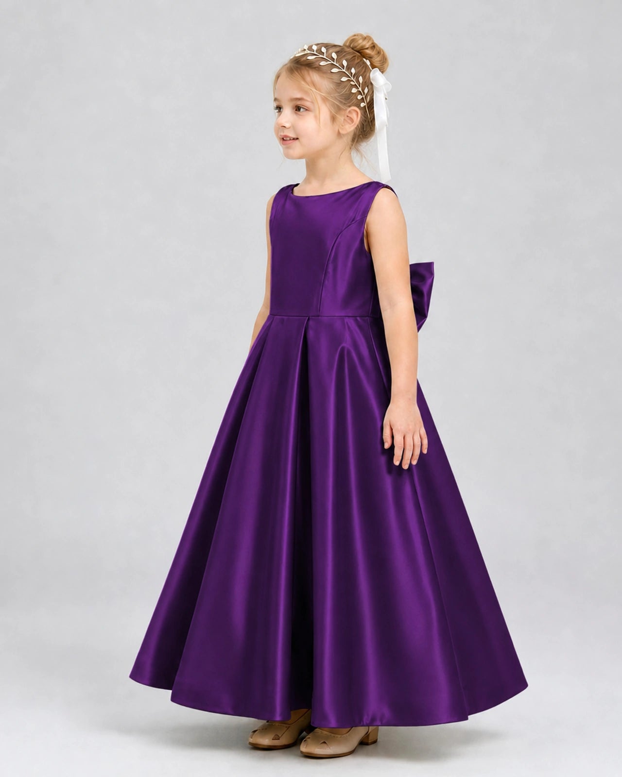 Purple Satin A-line Flower Girl Dress Side View