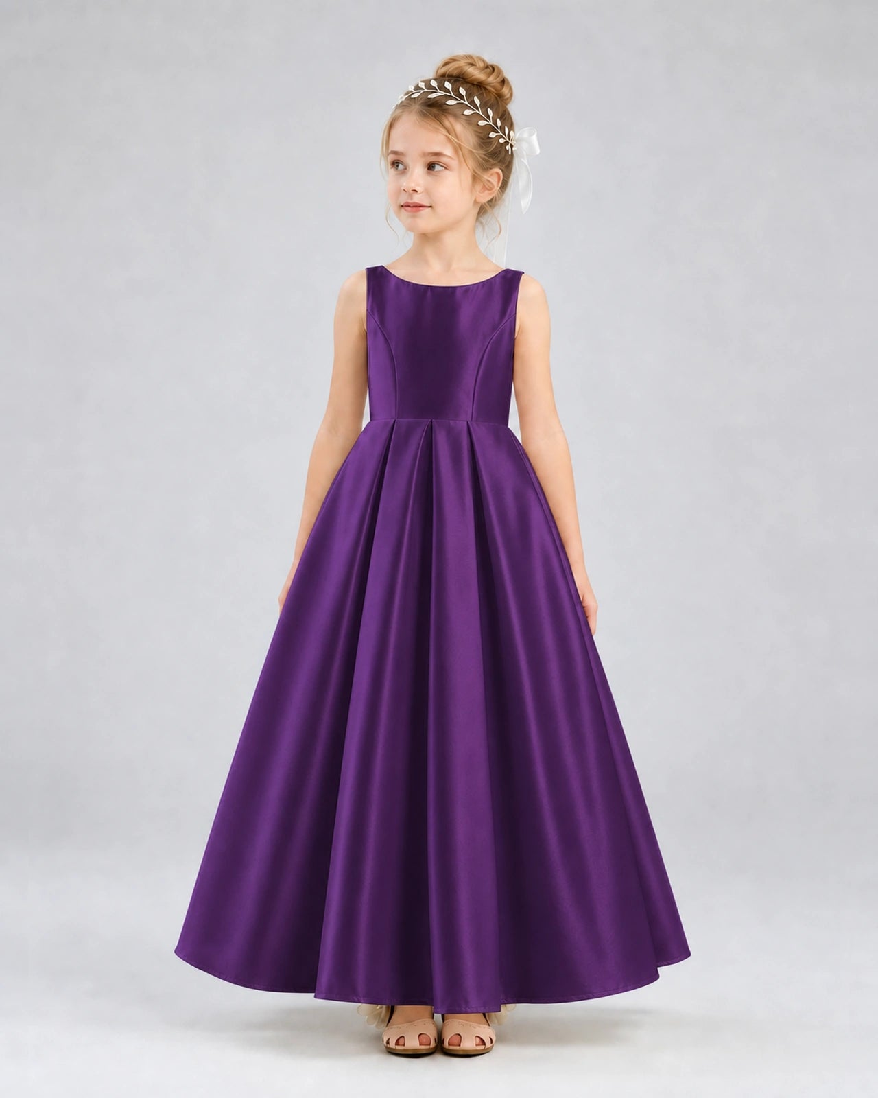 Purple Satin A-line Flower Girl Dress Front View
