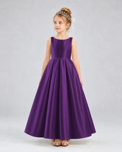 Purple Satin A-line Flower Girl Dress Front View