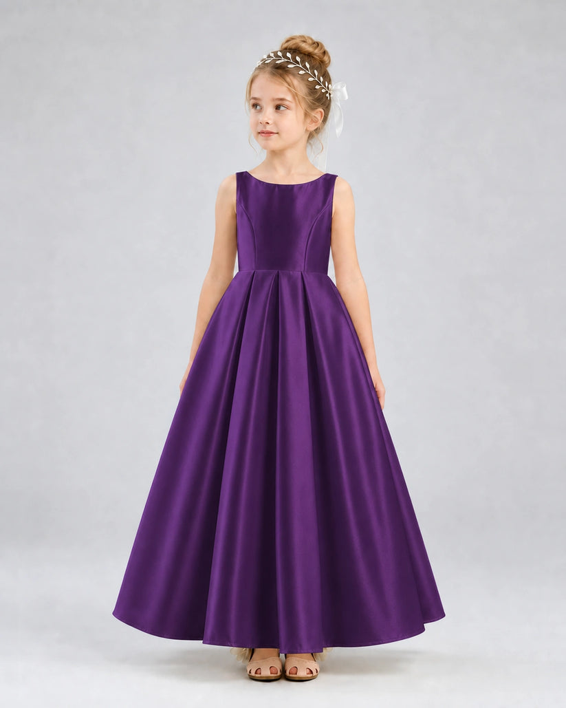 Purple Satin A-line Flower Girl Dress Front View