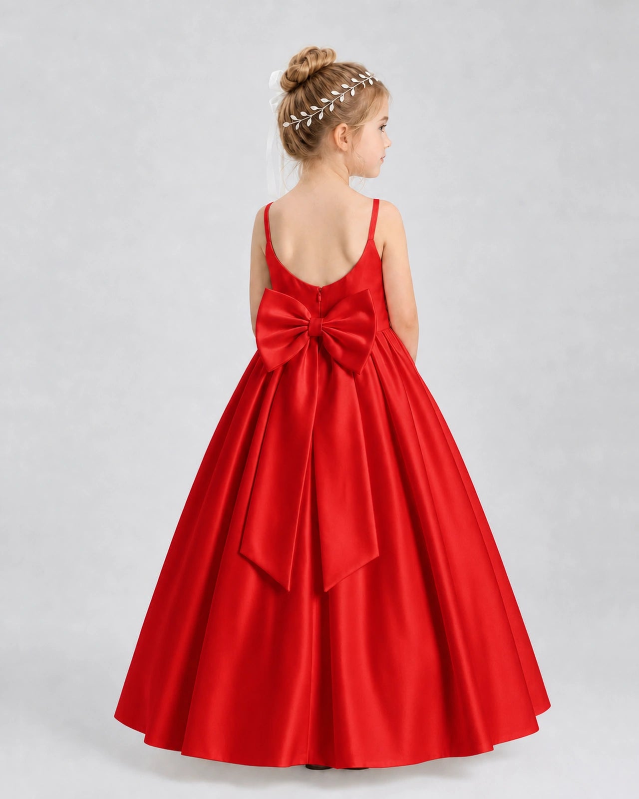 Red Satin A-line Flower Girl Dress Back View