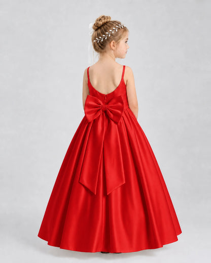 Red Satin A-line Flower Girl Dress Back View