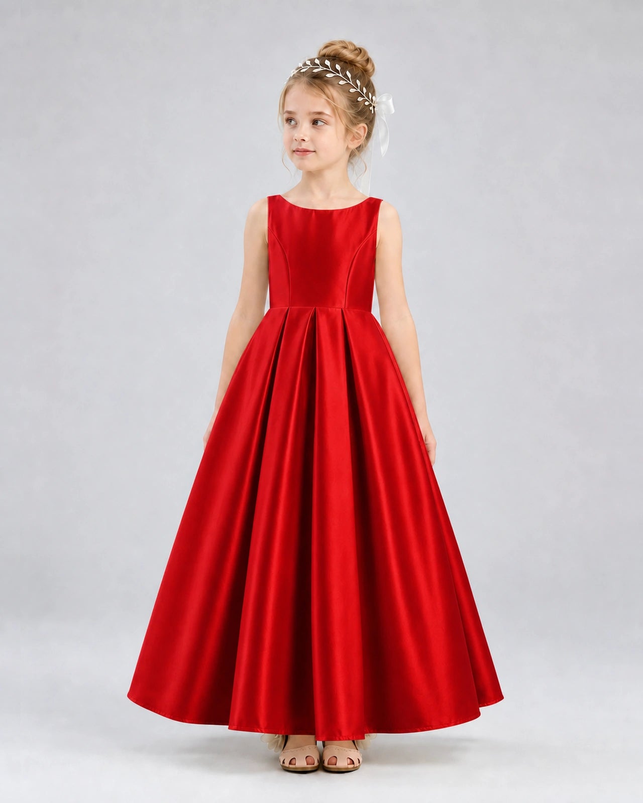 Red Satin A-line Flower Girl Dress Front View