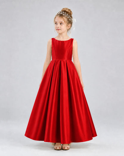Red Satin A-line Flower Girl Dress Front View
