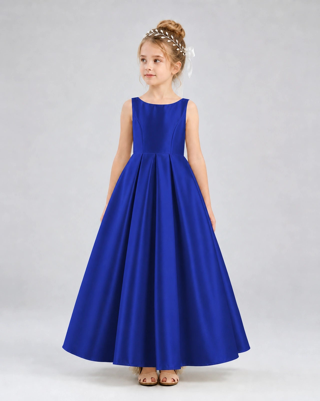 Royal Blue Satin A-line Flower Girl Dress Front View