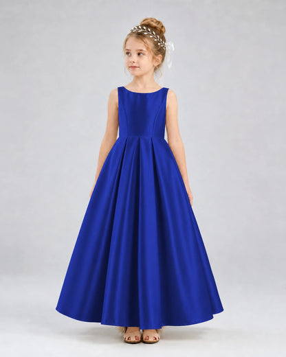 Royal Blue Satin A-line Flower Girl Dress Front View
