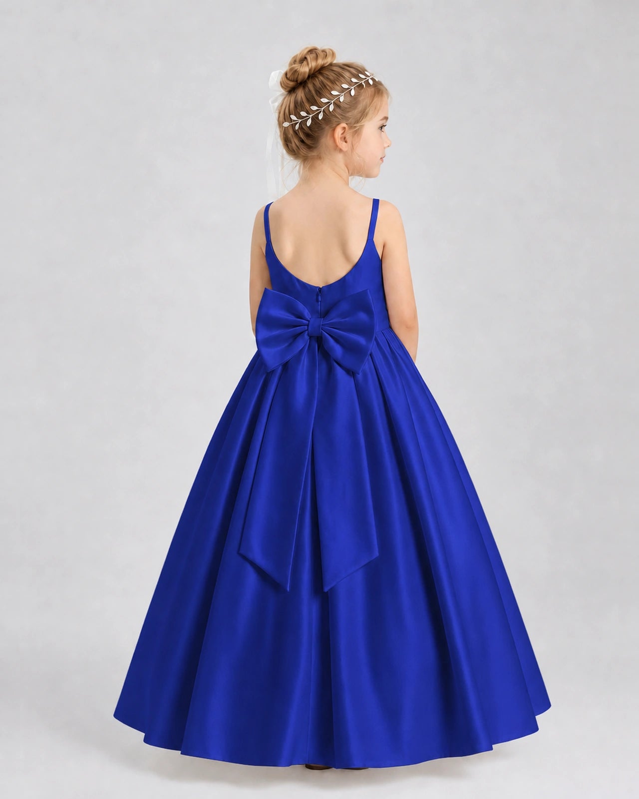 Royal Blue Satin A-line Flower Girl Dress Back View