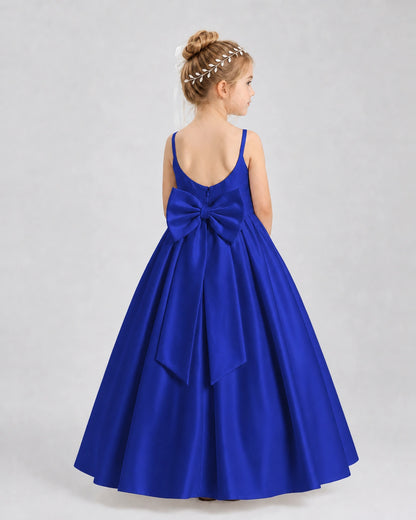 Royal Blue Satin A-line Flower Girl Dress Back View