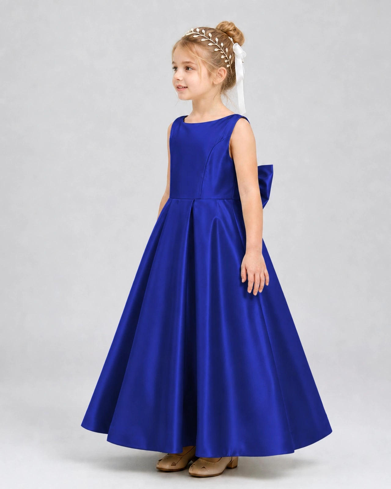 Royal Blue Satin A-line Flower Girl Dress Side View