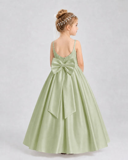 Sage Green Satin A-line Flower Girl Dress Back View