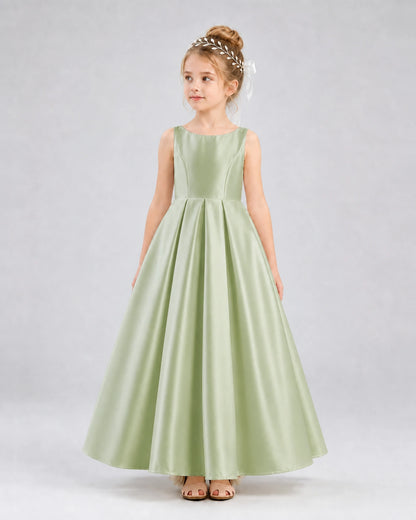 Sage Green Satin A-line Flower Girl Dress Front View