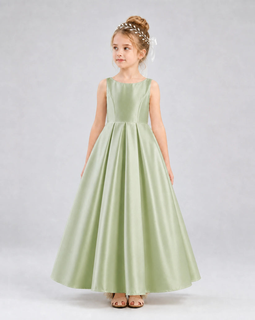 Sage Green Satin A-line Flower Girl Dress Front View