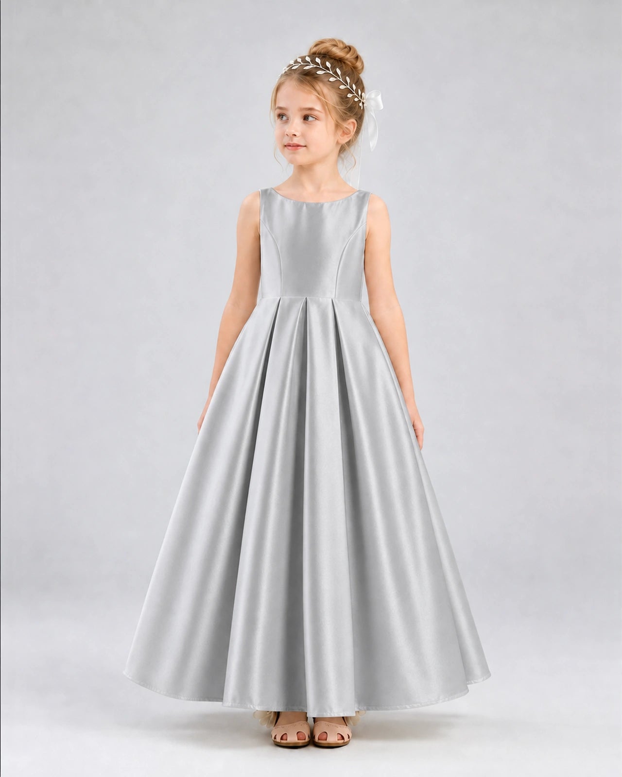 Silver Satin A-line Flower Girl Dress Front View