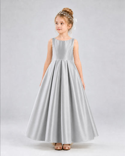 Silver Satin A-line Flower Girl Dress Front View