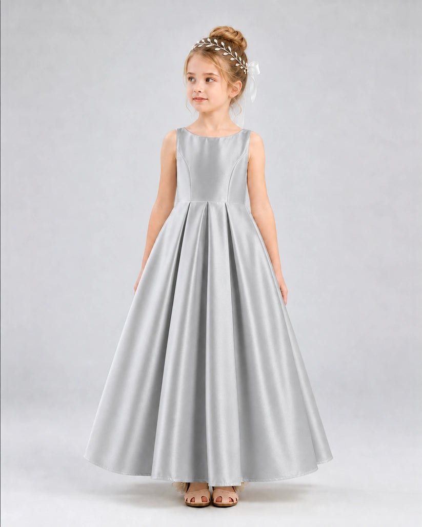 Silver Satin A-line Flower Girl Dress Front View