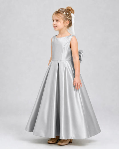 Silver Satin A-line Flower Girl Dress Side View