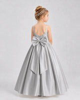 Silver Satin A-line Flower Girl Dress Back View