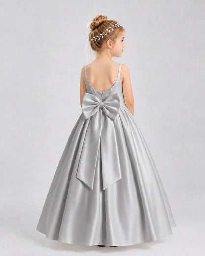 Silver Satin A-line Flower Girl Dress Back View