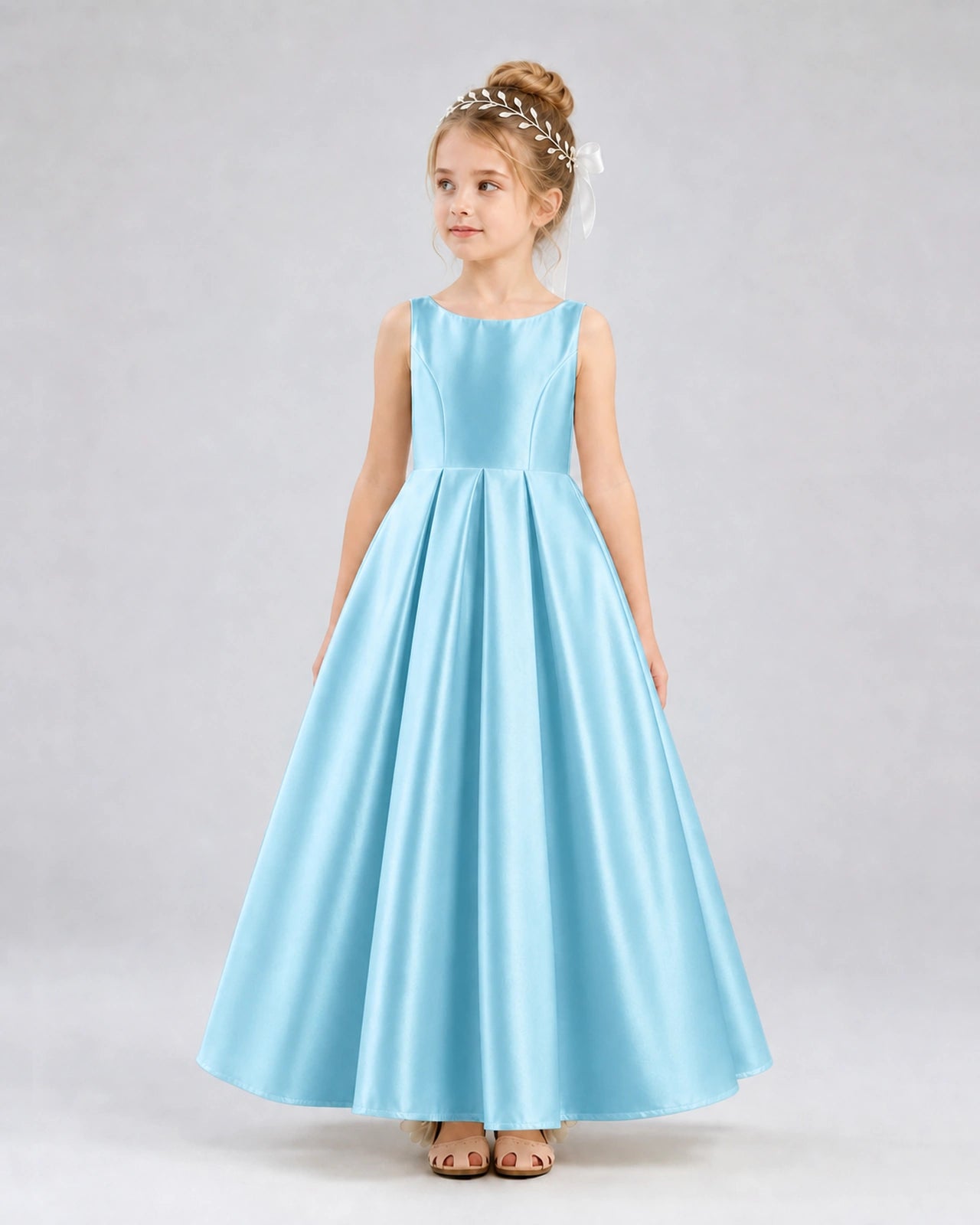 Sky Blue Satin A-line Flower Girl Dress Front View