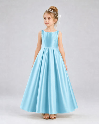 Sky Blue Satin A-line Flower Girl Dress Front View