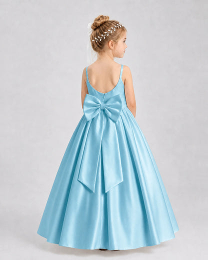 Sky Blue Satin A-line Flower Girl Dress Back View