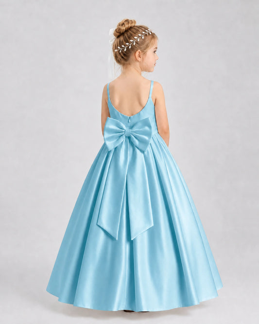Sky Blue Satin A-line Flower Girl Dress Back View