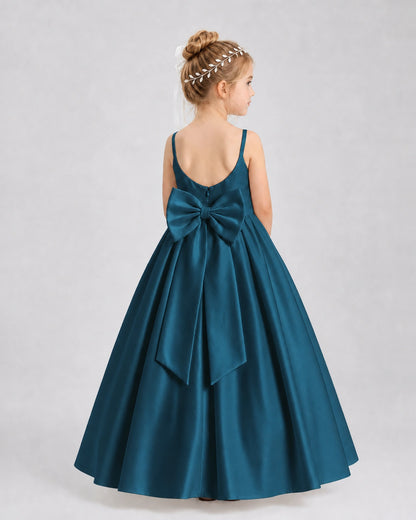 Teal Satin A-line Flower Girl Dress Back View