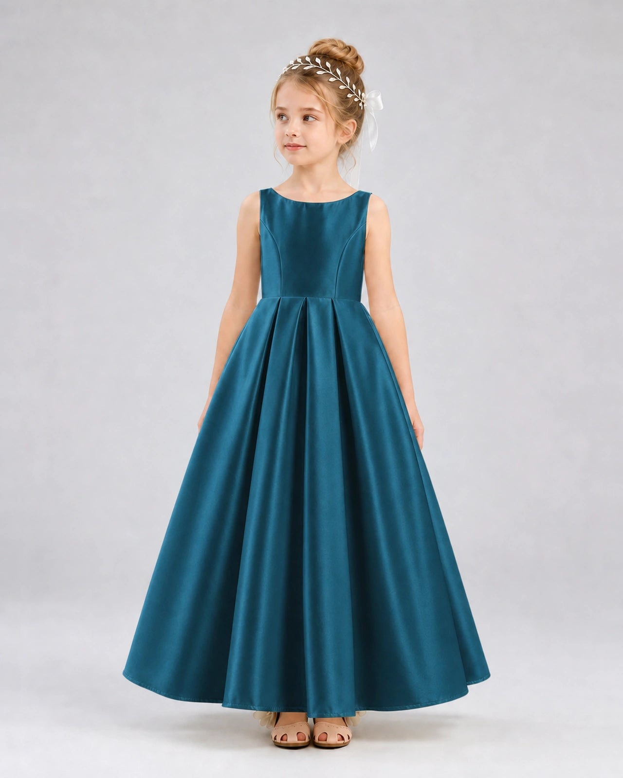 Teal Satin A-line Flower Girl Dress Front View