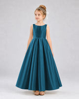 Teal Satin A-line Flower Girl Dress Front View